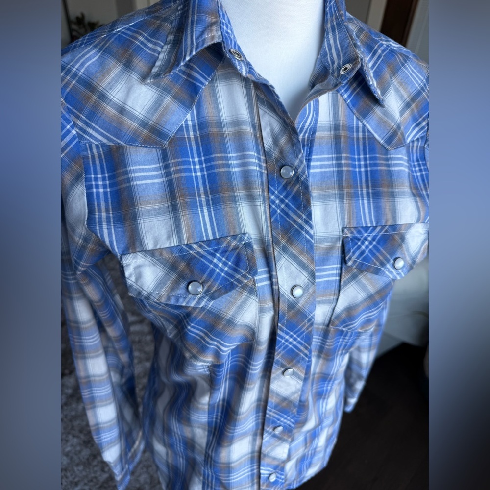 Roper XS Long Sleeve Button Down Western Shirt Blue White and Tan Plaid, Snaps - Picture 2 of 8